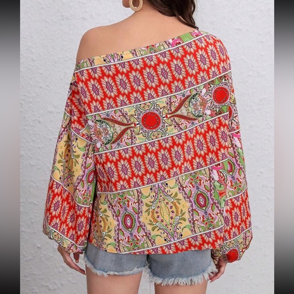 Boho floral print off shoulder lantern sleeve blouse - Picture 10 of 16